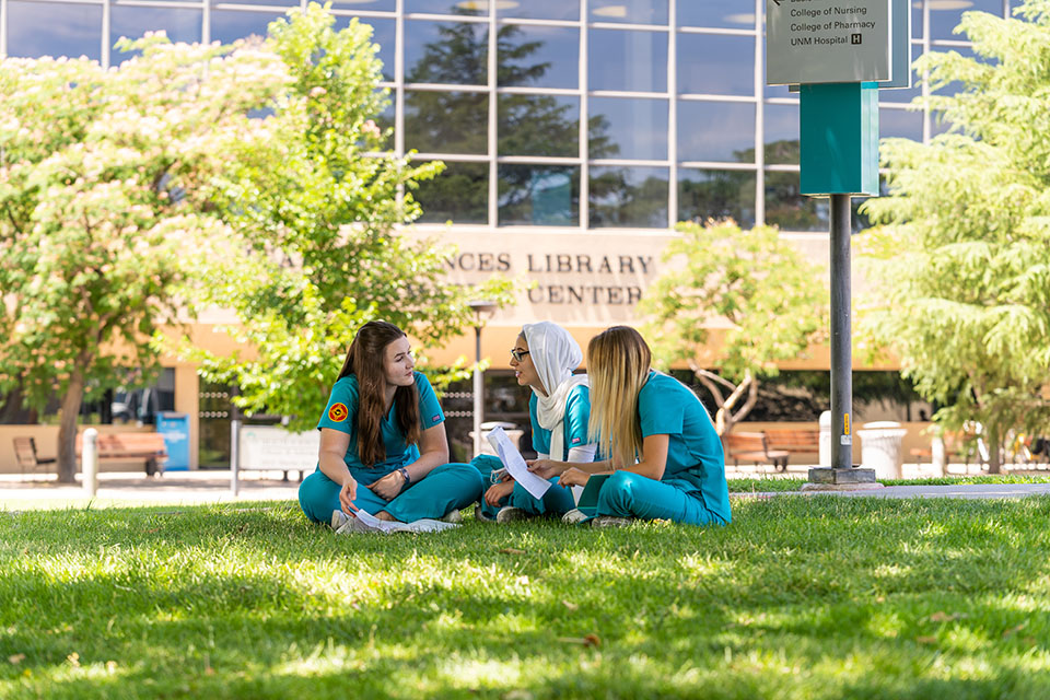 3 nursing students studying on grass.