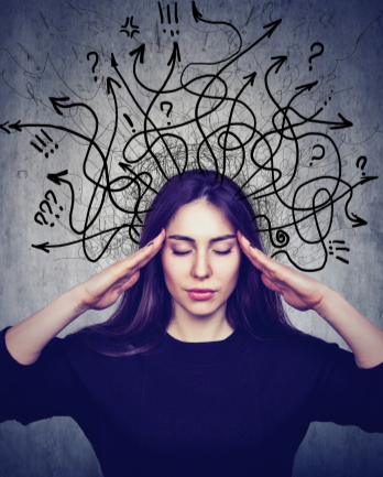 woman pressing fingertips to temples, eyes closed, with question marked graphics behind her head 