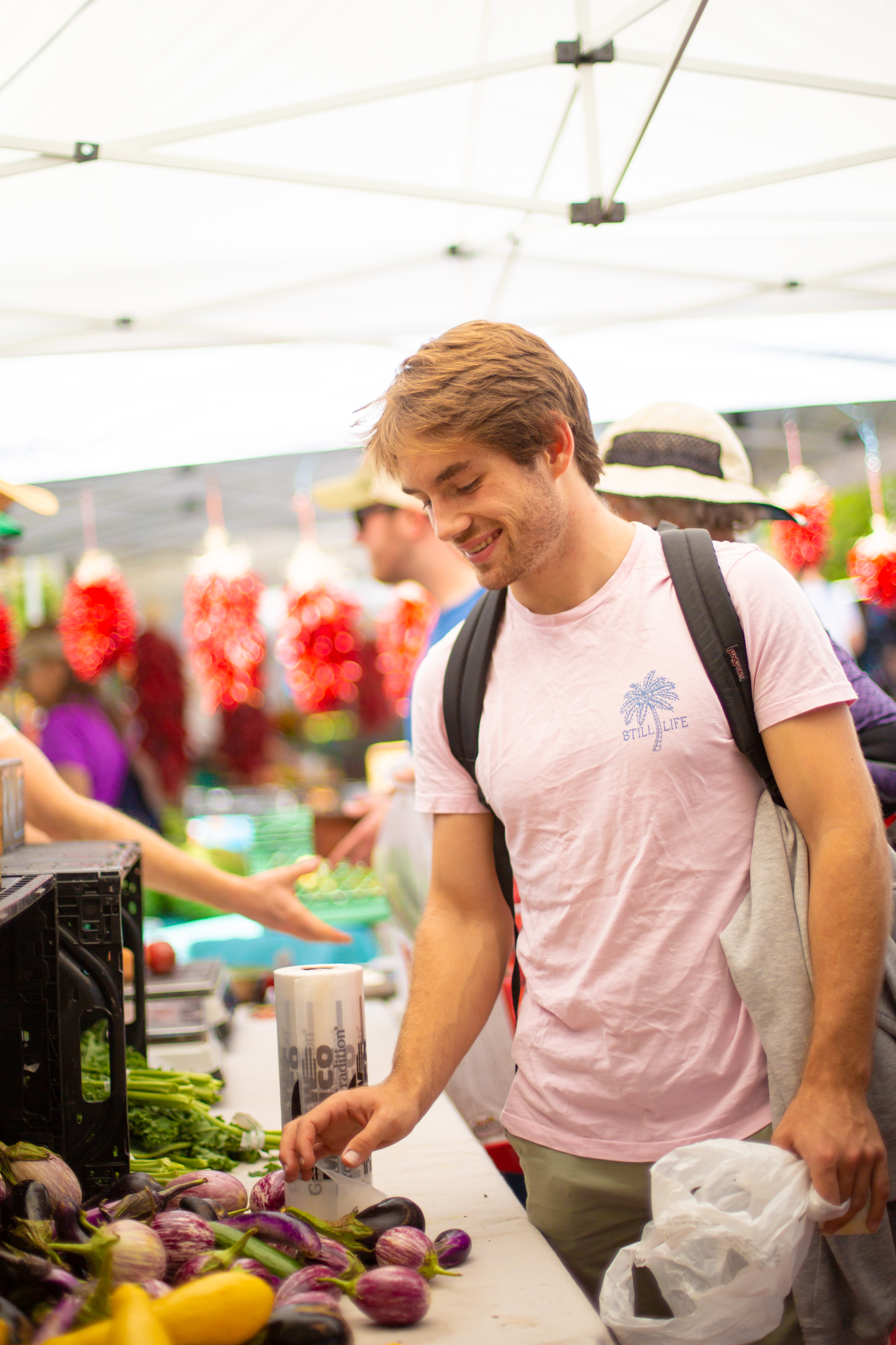 Man picking out fruit at farmer's market.