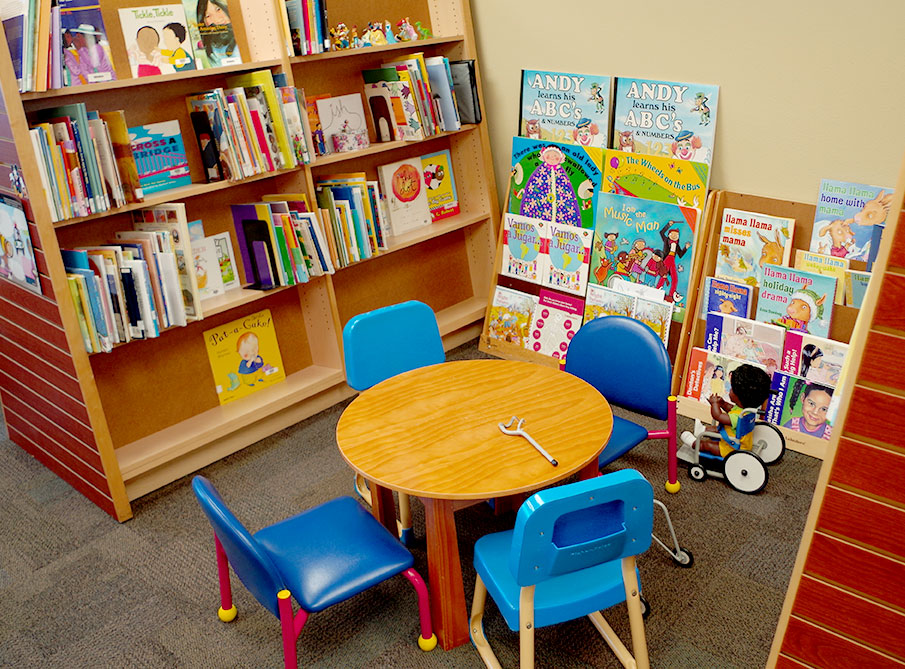 bookshelves and children's area in library