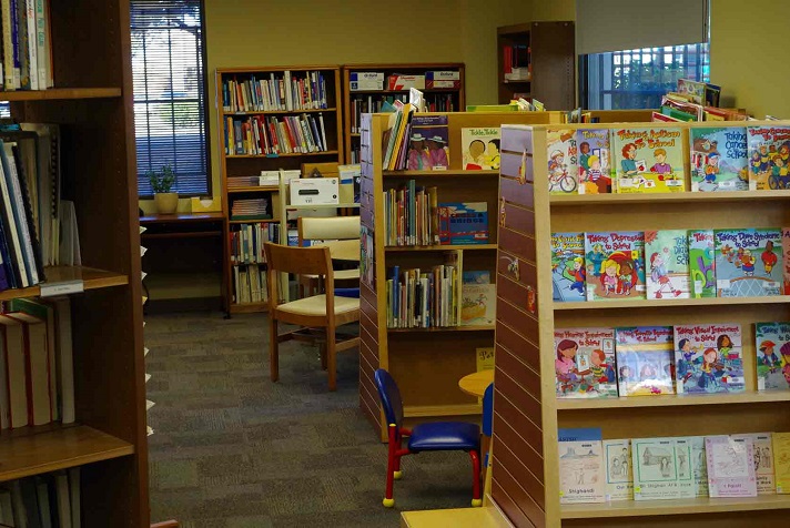 bookshelves in library