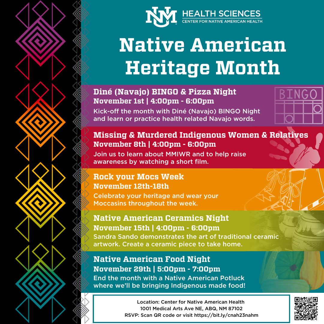 Volantino degli eventi per il mese del patrimonio dei nativi americani: fai clic per leggere informazioni e registrarti per gli eventi.