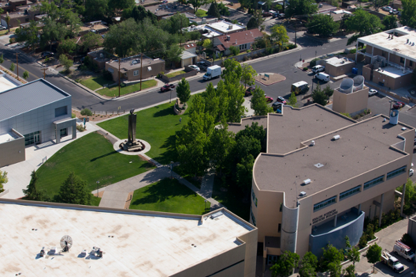 Overhead shot of the Health Sciences Center, northeast of the library