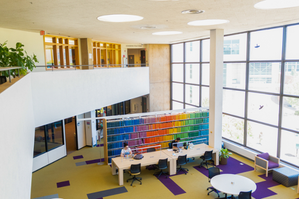 Overhead shot of the library’s atrium study floor