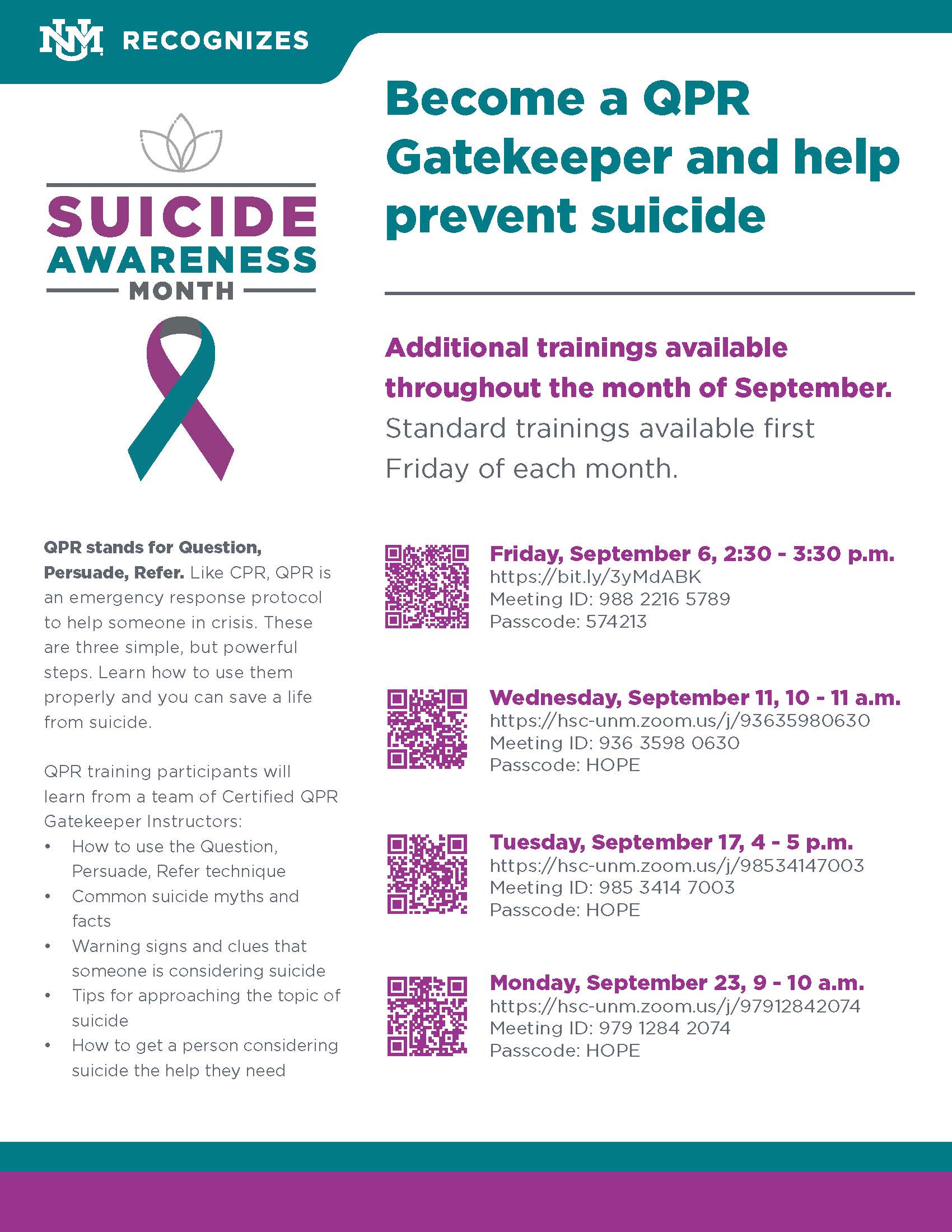 UNM Suicide Awareness QPR Trainings