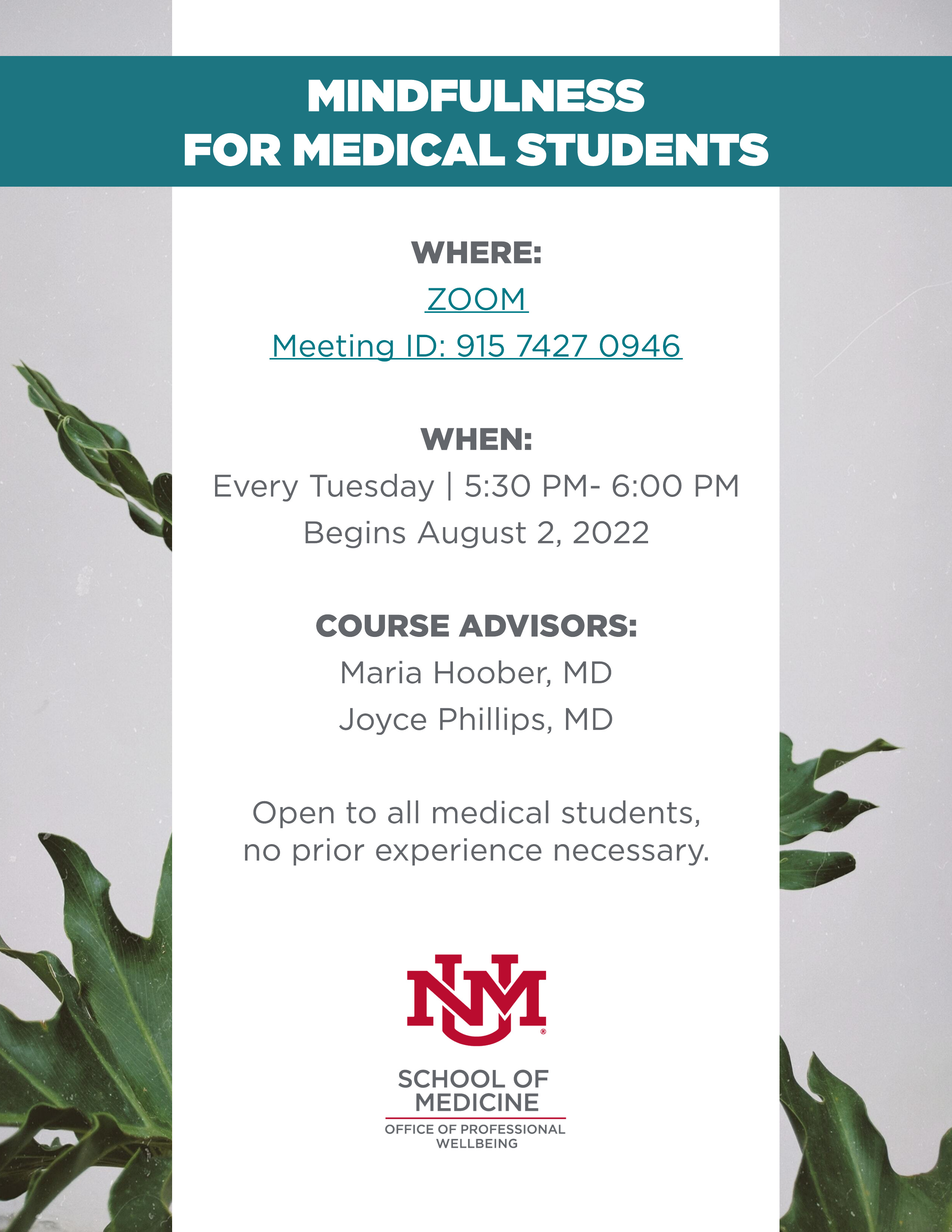 मेडिकल छात्रों के लिए माइंडफुलनेस - मंगलवार शाम 5:30 बजे से शाम 6:00 बजे तक ज़ूम . पर