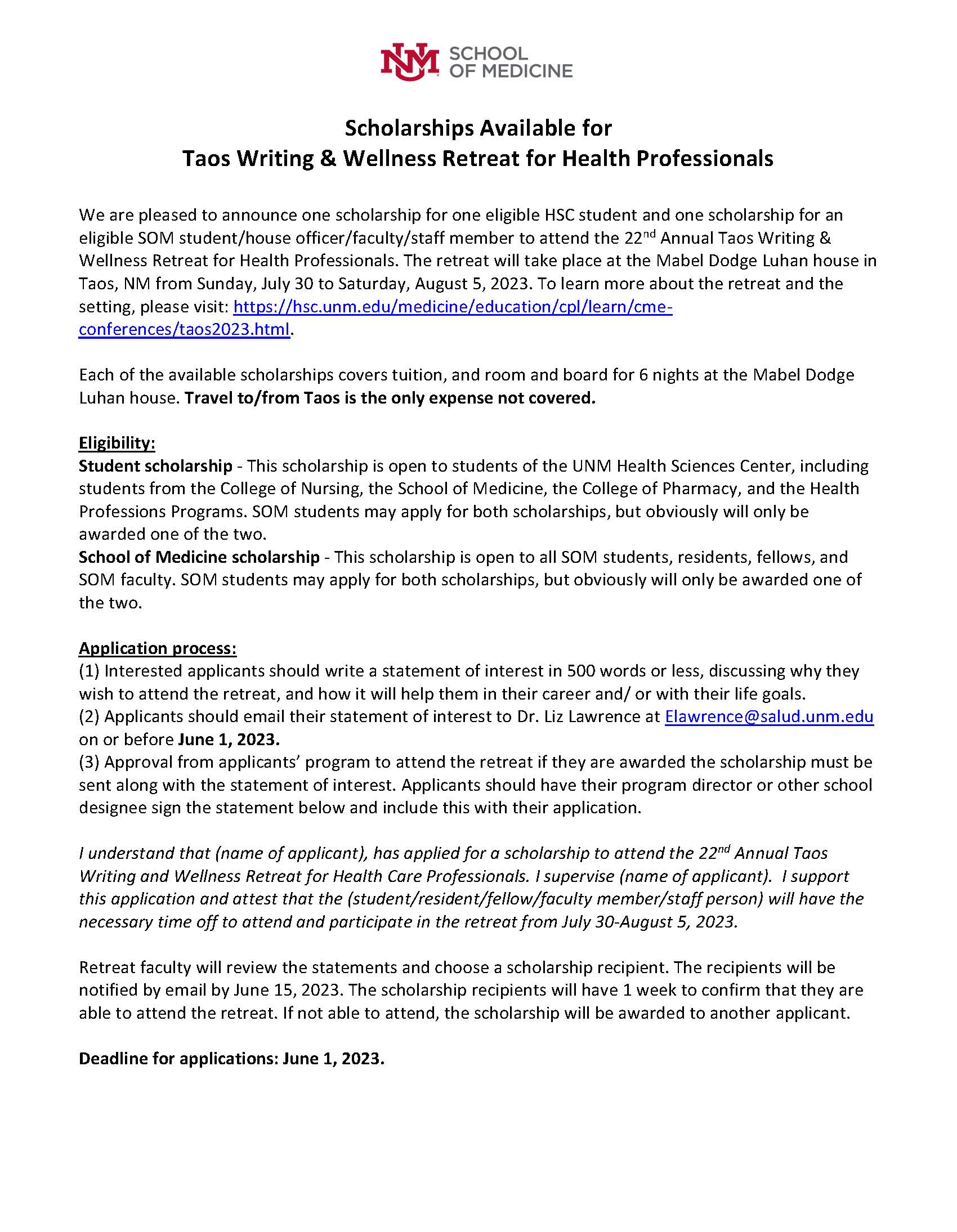 Taos Writing and Wellness Retreat Scholarship Announcement
