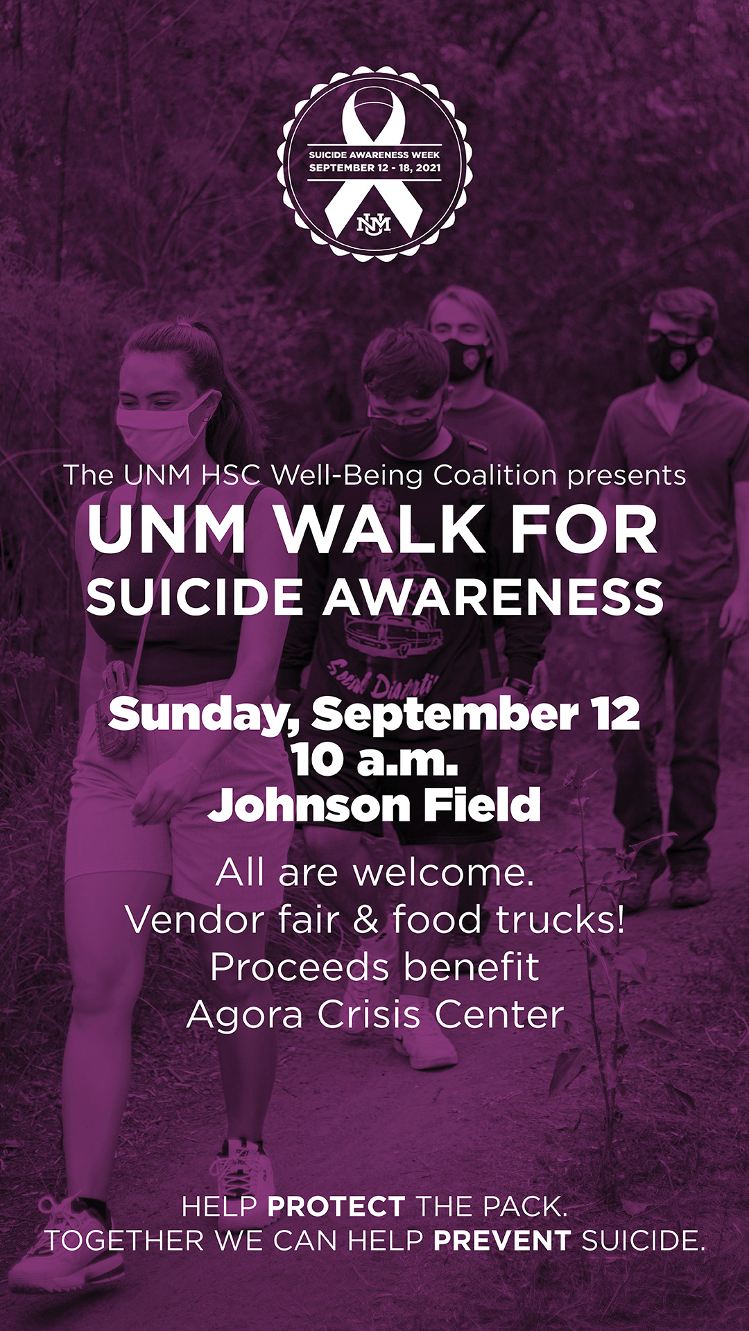 walk for suicide graphic with text and photo of women on UNM Johnson Field