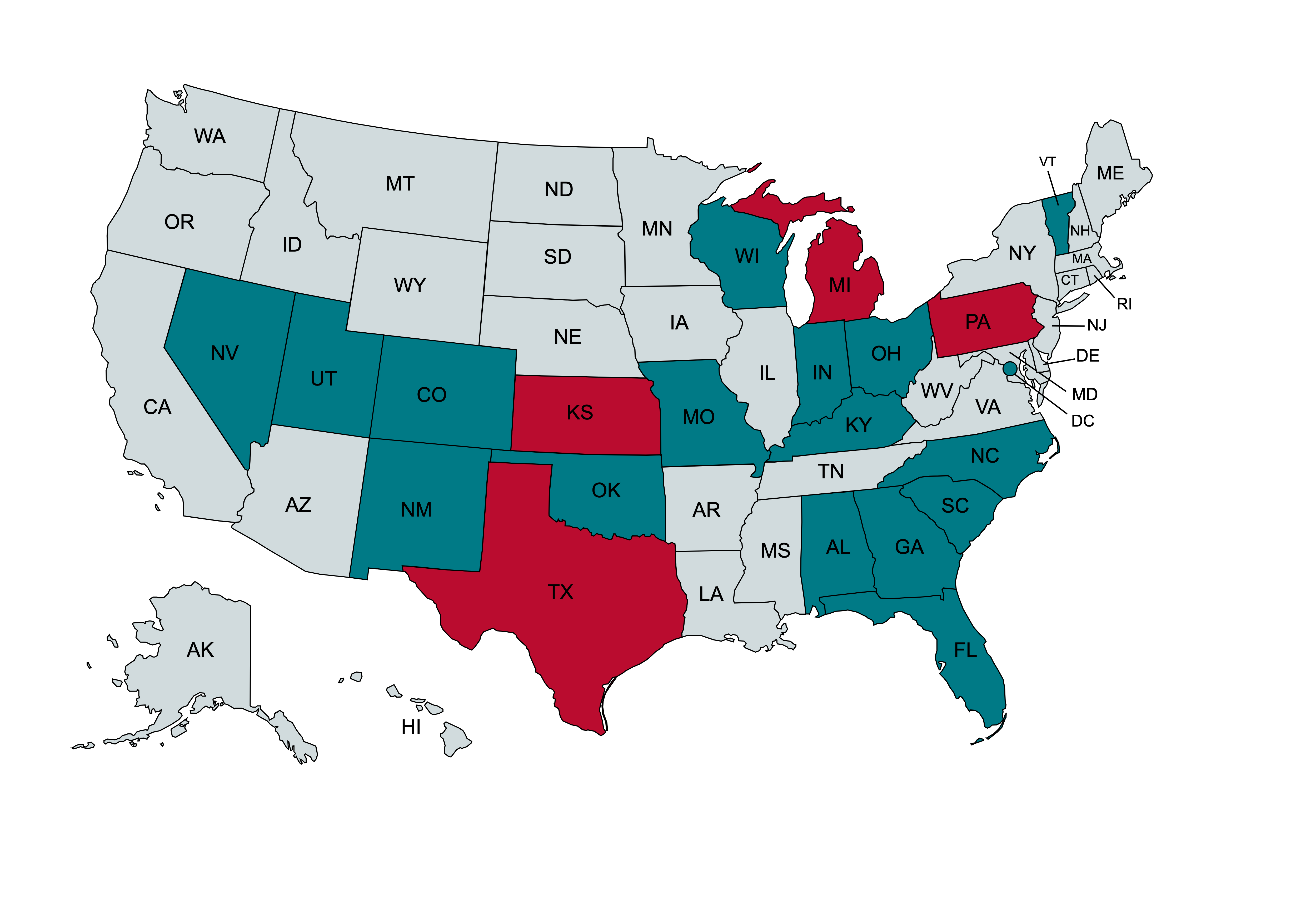 संयुक्त राज्य अमेरिका का नक्शा जहां एए और सीएए कार्यरत हैं