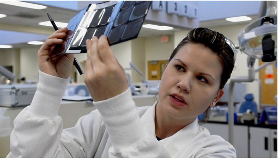 dental hygiene student reads x-ray