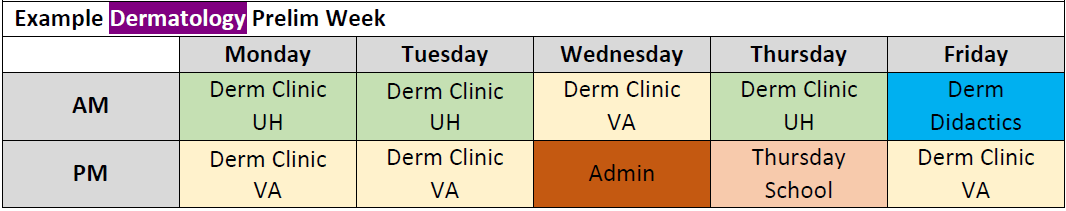 Chart of Dermatology rotations