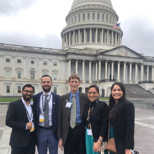 Three fellows (Drs. Harris Majeed, Bilal Alqam, and Karla Almaraz) in front of US Capitol while attending 2024 ACC Annual Legislative Conference with Drs Ponce and Blankenship