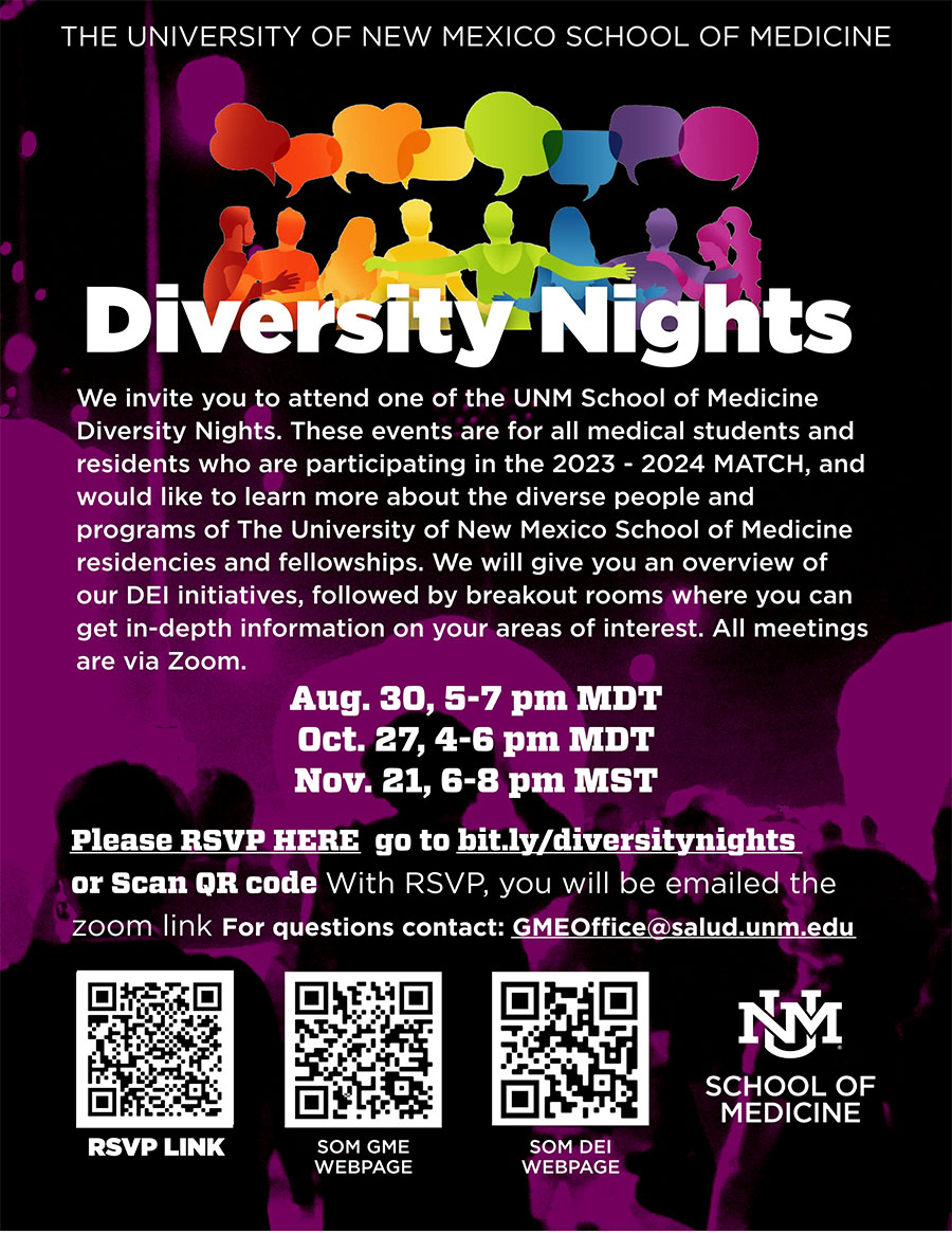 Flyer for School of Medicine Diversity nights - Click through to get a screen readable PDF