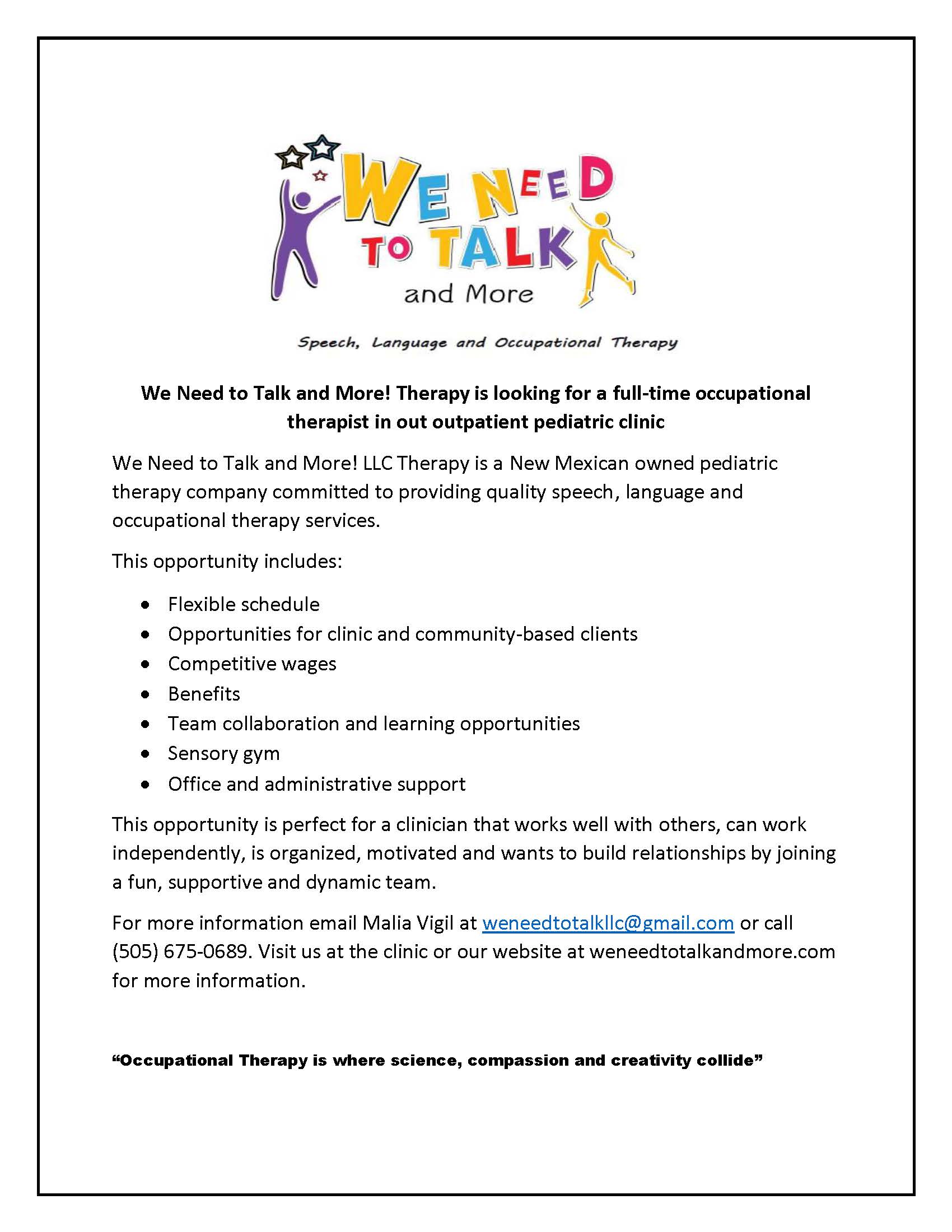 Job flyer from We Need to Talk & More