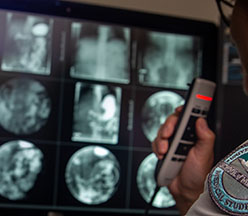 Un boursier en radiologie dictant des résultats à une station de lecture