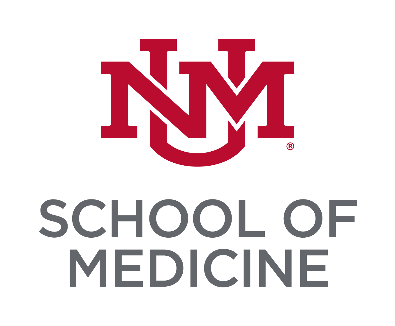 O monograma do bloco UNM vermelho cereja empilhado acima do título Lobo Gray "School of Medicine".