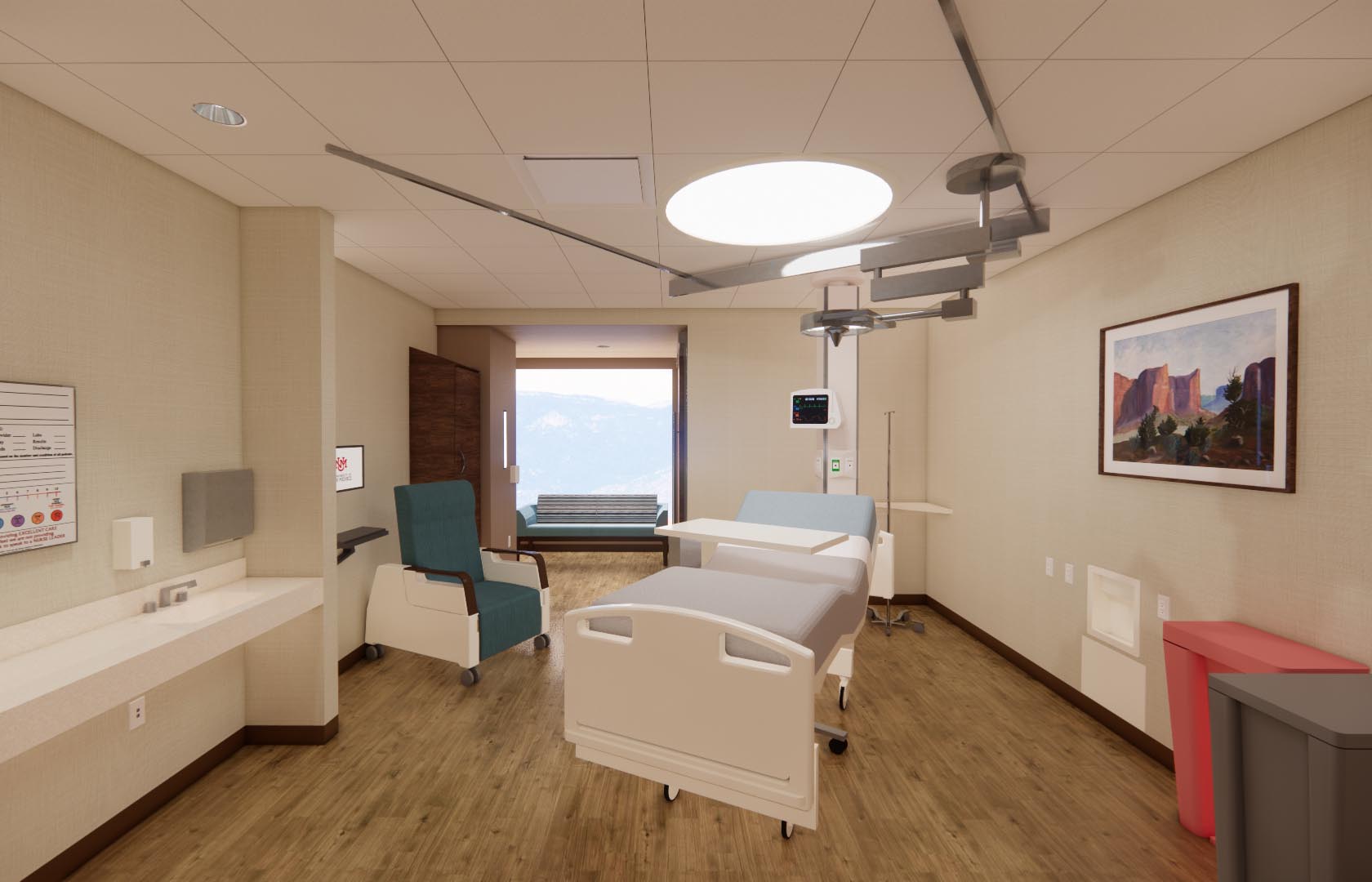 Konzeptzeichnung eines Patientenzimmers in der neuen Turmerweiterung