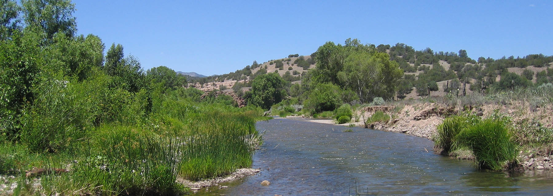 Ein Wasserfluss, der durch eine sonnige New Mexico-Landschaft fließt