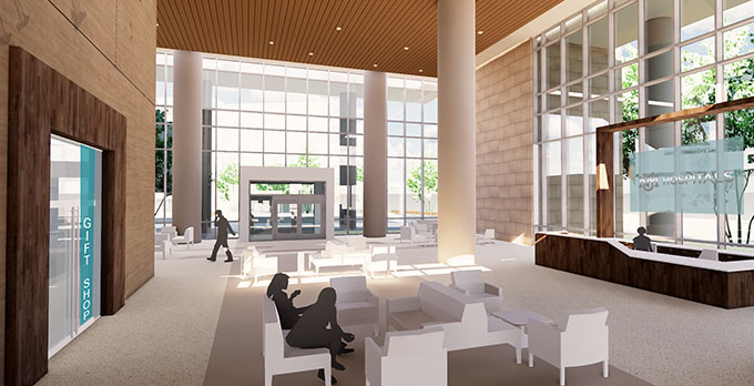 Render of Critical Care Tower lobby