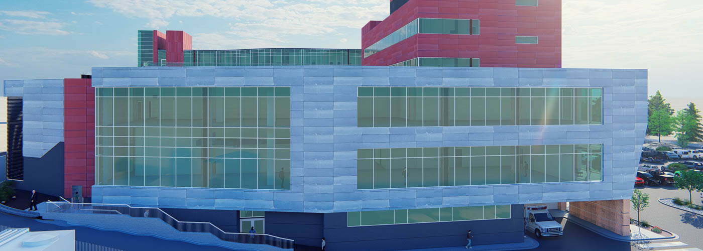 Rendering dell'ampliamento dell'edificio dell'UNM Cancer Center.