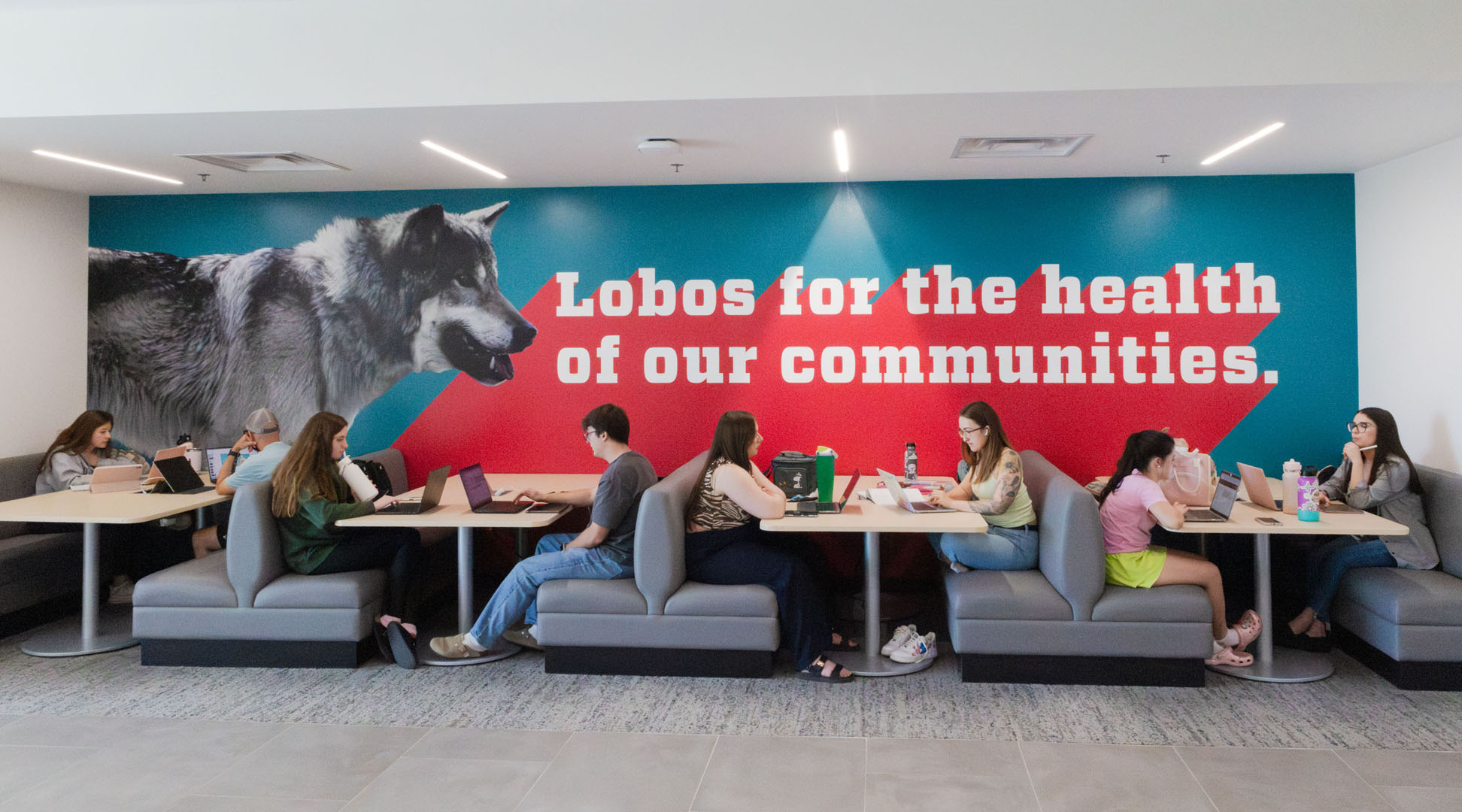 Students study by colorful wallwraps