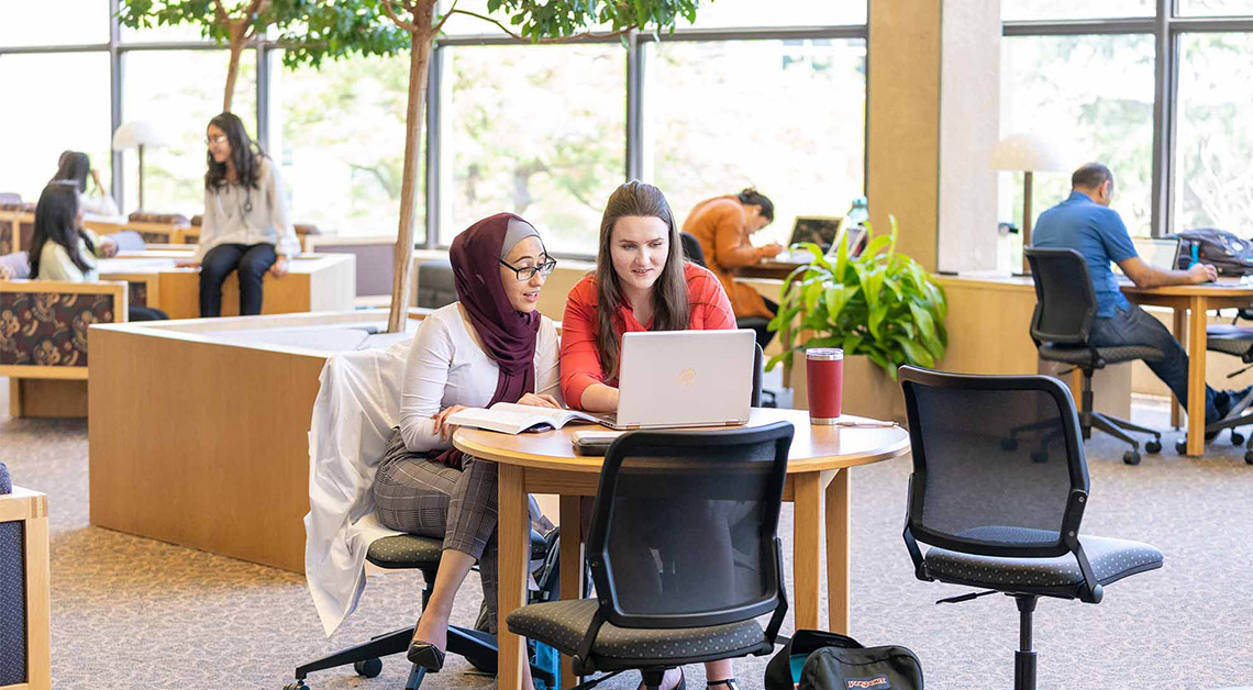 2 students studying at library table