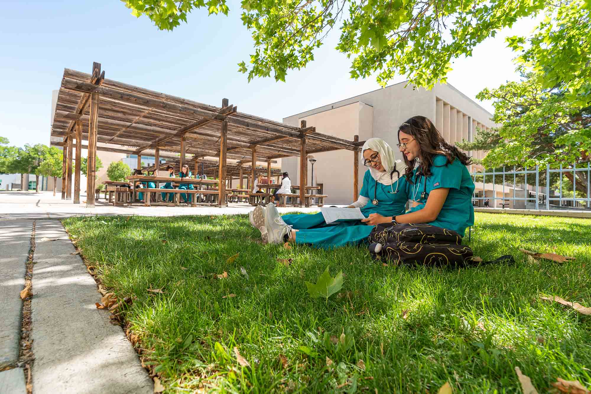 दो नर्सिंग छात्र घास पर पढ़ रहे हैं।