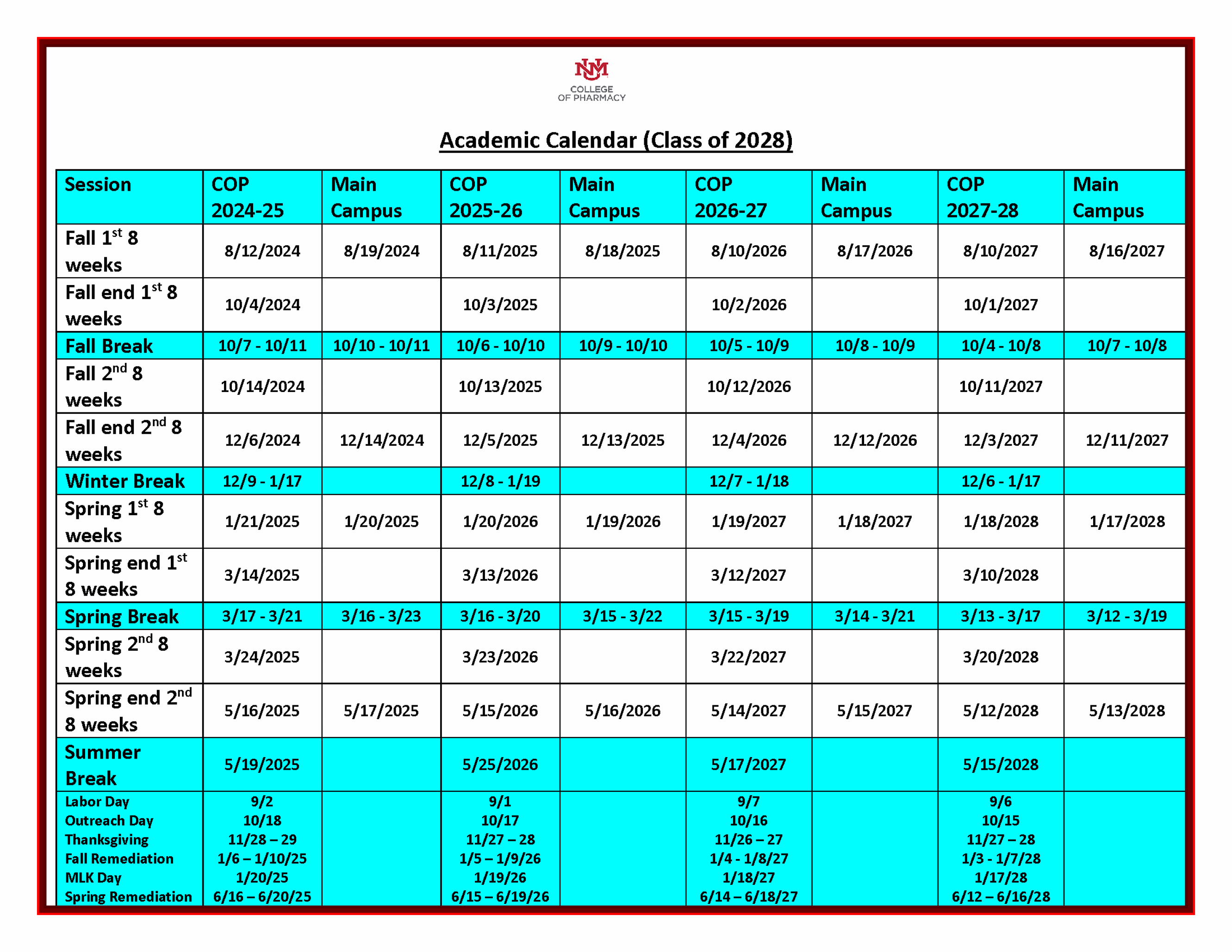 Class of 2027 Academic Calendar