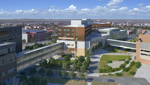 Imagem CAD do exterior do novo edifício hospitalar.