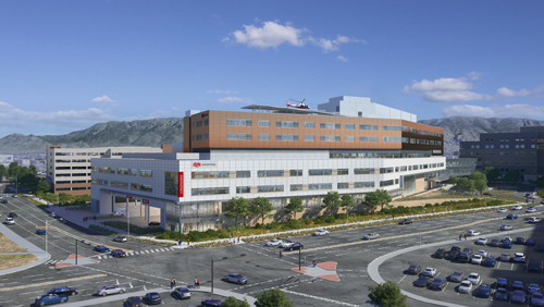 תמונת CAD של חוץ בניין בית חולים חדש.