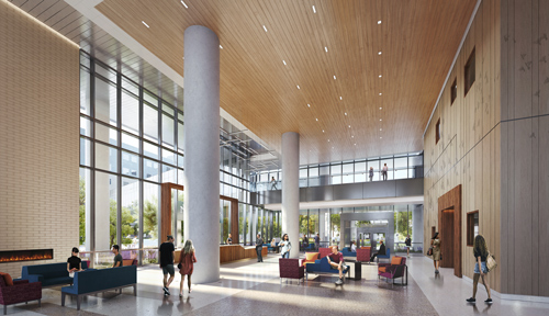CAD-Bild des Innenraums des neuen Krankenhausgebäudes mit Passanten.